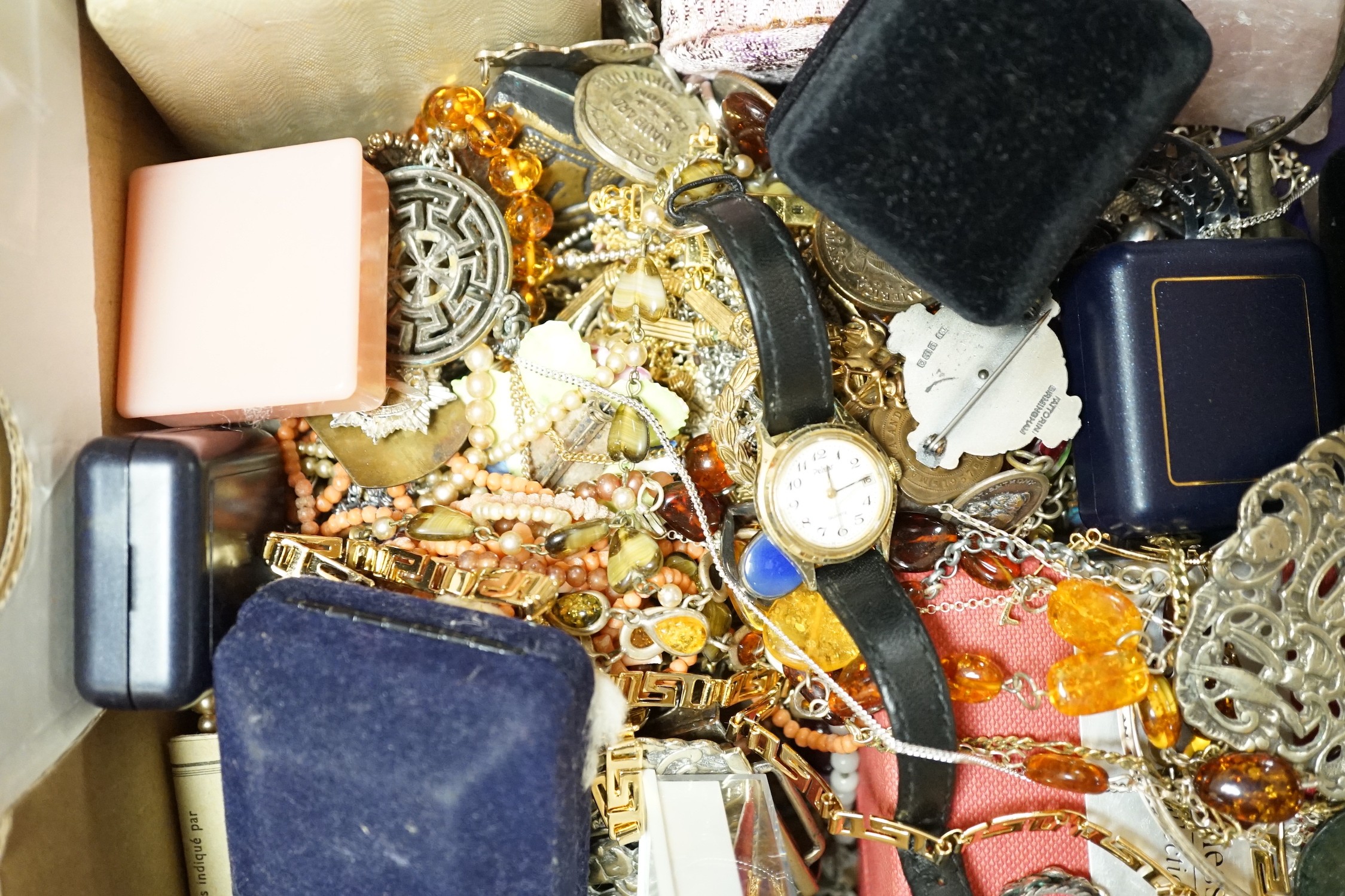 A 2017 Platinum Wedding Platinum Proof Quarter Sovereign, a pair of Middle Eastern yellow metal earrings stamped 917 and a quantity of assorted items including costume and other jewellery.